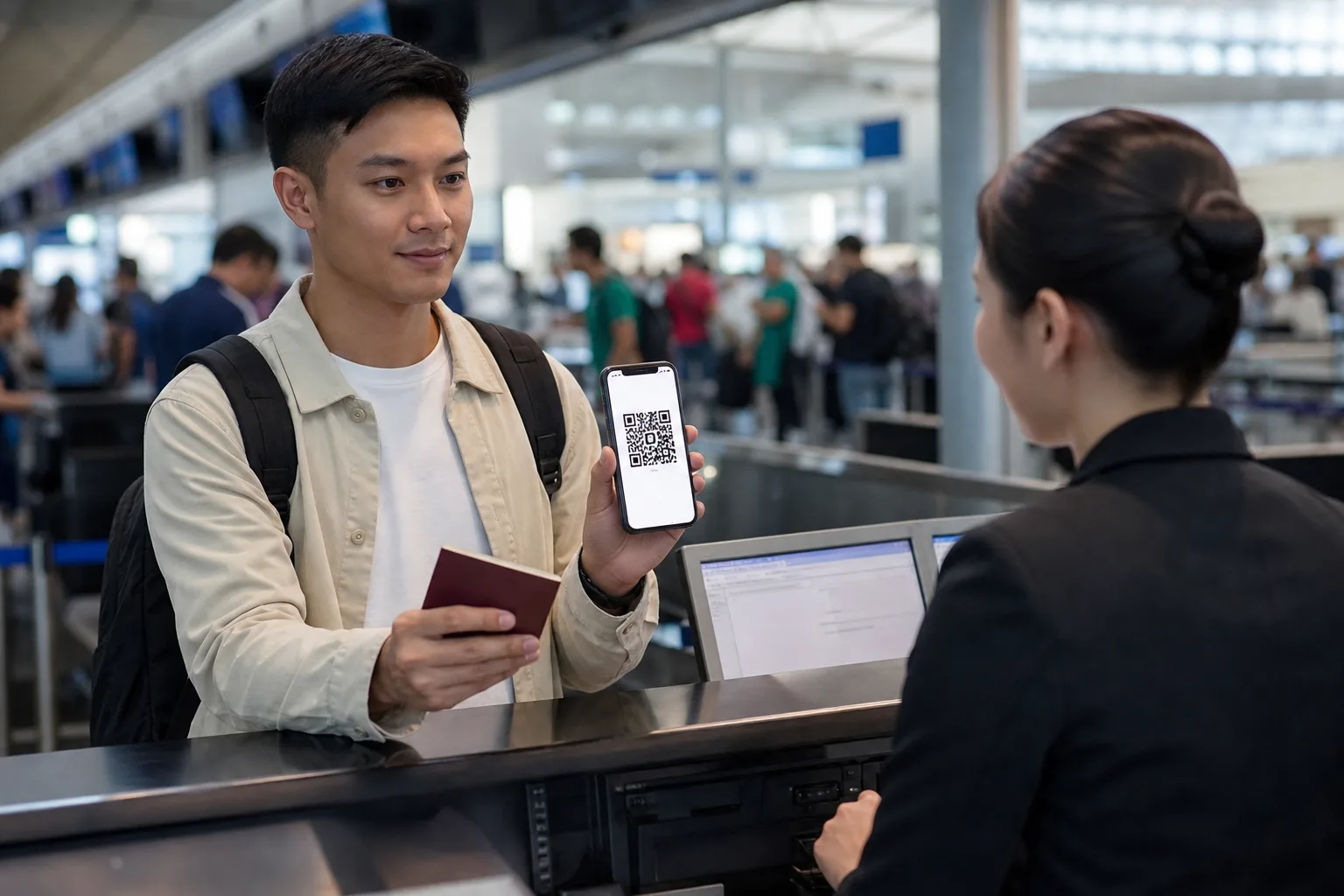 Cestovatel ukazuje QR kód eTravel na telefonu u odbavení na let do Manily