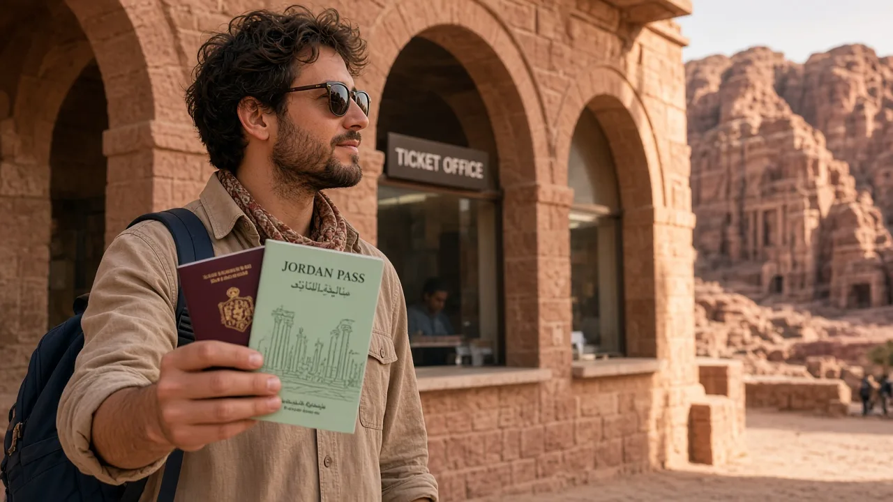 Cestovatel s vytištěným Jordan Pass u návštěvnického centra v Petře mezi růžovými pískovcovými útesy