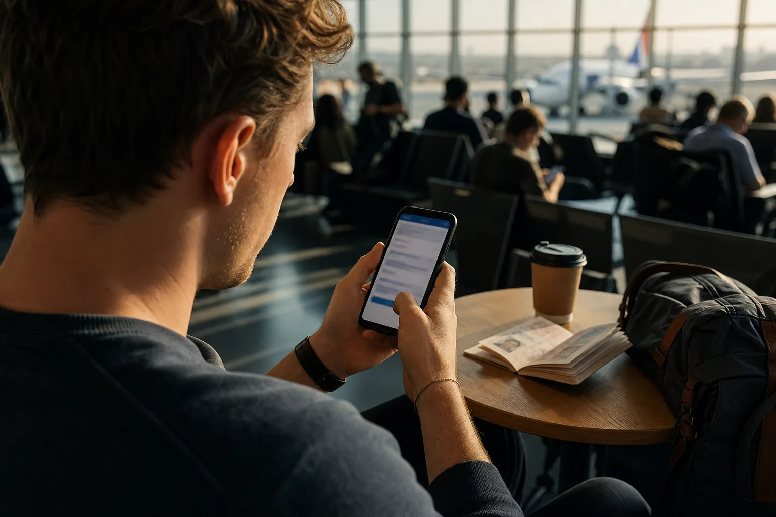 Cestovatel vyplňuje thajskou digitální příjezdovou kartu TDAC v telefonu před odletem