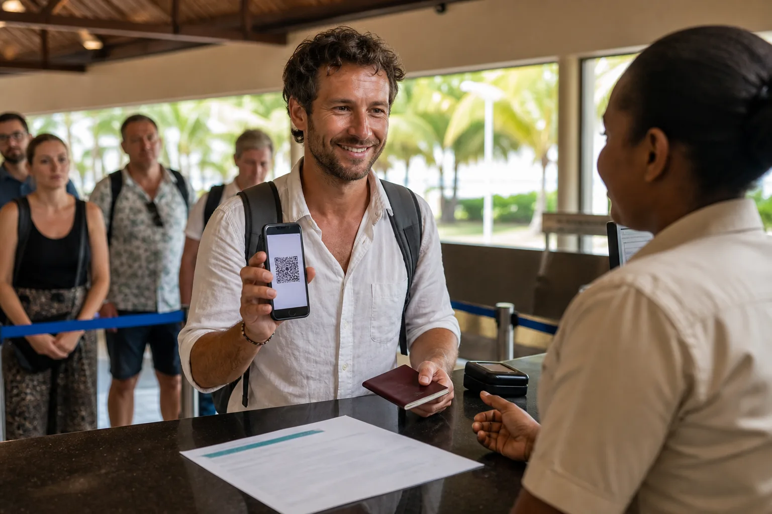 Turista ukazuje QR kód povinného zanzibarského zdravotního pojištění na letištní kontrole